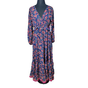 Anthropologie Boemo Maxi Dress V neck long sleeve blue sz XLp